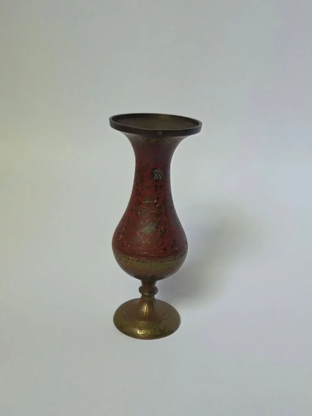 Vintage Enameled Brass Peacock Vase Made in India Hand Etched Red Pedestal Bud